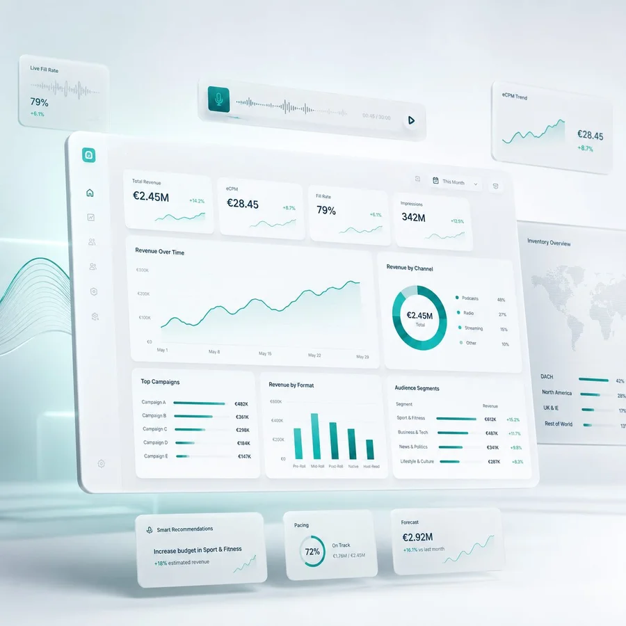 Dashboard der MEDIACODERS-Plattform mit Umsatz-, Fill-Rate- und eCPM-Kennzahlen für Audio-Vermarkter